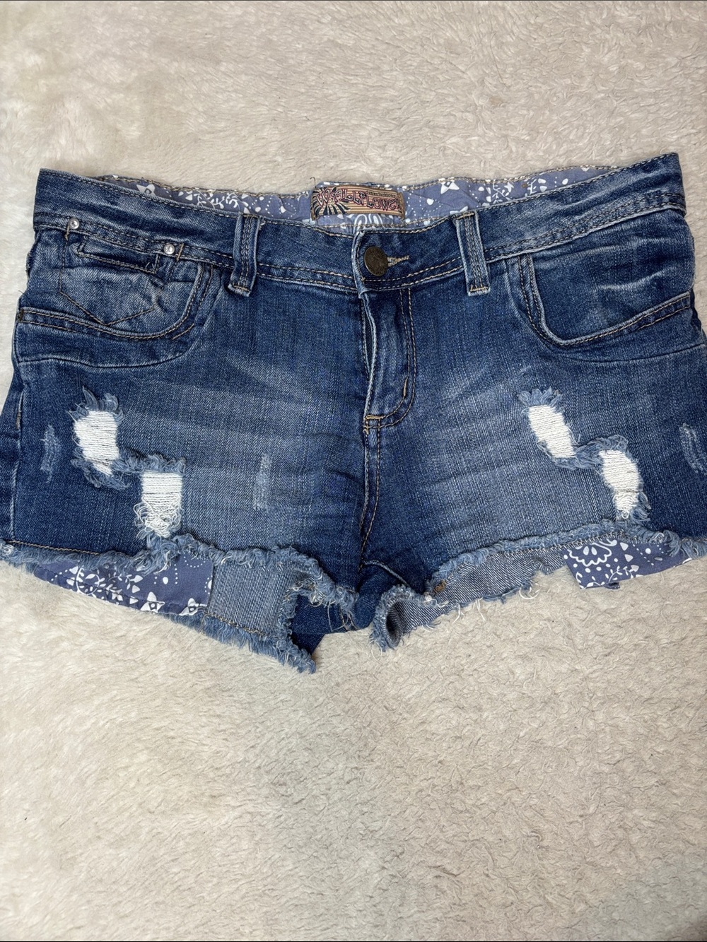 Wallflower Distressed Dark Blue Denim Shorts with Bandana Trim